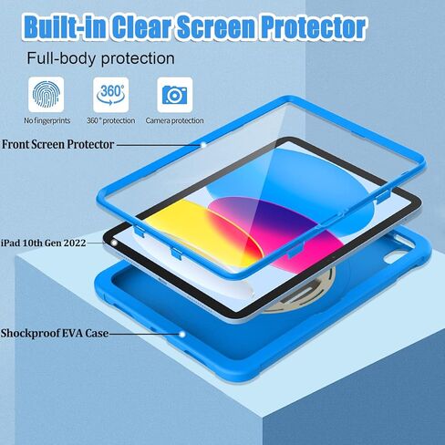 TIRIN Kids Case for New iPad 10th Generation 2022, iPad 10.9 inch case with Built-in Screen Protector, 360 Rotating Hand Strap Stand Lightweight Kid Protective Case for iPad 10th Gen 10.9 inch, Blue in Saudi Arabia