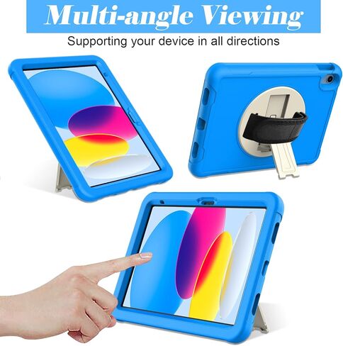 TIRIN Kids Case for New iPad 10th Generation 2022, iPad 10.9 inch case with Built-in Screen Protector, 360 Rotating Hand Strap Stand Lightweight Kid Protective Case for iPad 10th Gen 10.9 inch, Blue in Saudi Arabia