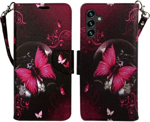 Zase Design Cover for Samsung Galaxy A13 5G Protective Wallet Case, Galaxy A13 6.5inch Case Cute Woman Girls Premium PU Leather Flip Folio w/Kickstand ID Card Slot Wrist Strap (Hot Pink Butterfly) in Saudi Arabia