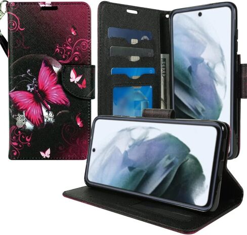 Zase Design Cover for Samsung Galaxy A13 5G Protective Wallet Case, Galaxy A13 6.5inch Case Cute Woman Girls Premium PU Leather Flip Folio w/Kickstand ID Card Slot Wrist Strap (Hot Pink Butterfly) in Saudi Arabia