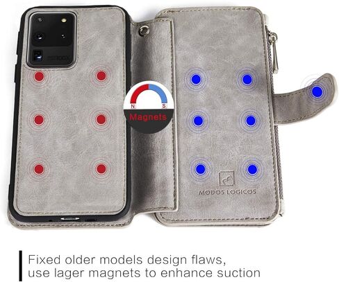 MODOS LOGICOS Case for Samsung Galaxy S20 Ultra / S20 Ultra 5G, [Detachable Wallet][Zipper Cash Storage][14 Card Slots 1 Id Window] PU Leather Purse with Removable Inner Magnetic TPU Case - Grey in Saudi Arabia