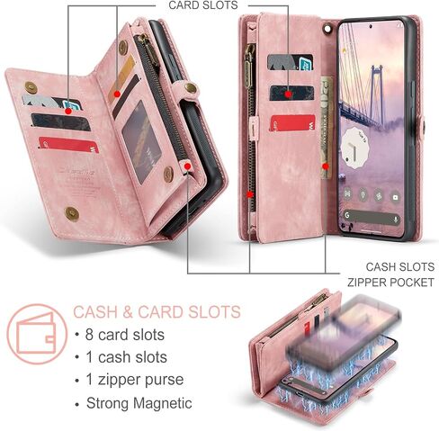 حافظة محفظة Kowauri لهاتف Google Pixel 9 Pro XL، محفظة جلدية قابلة للطي بسحاب مع حامل بطاقة وحزام معصم قابل للفصل حافظة خلفية واقية مضادة للصدمات لهاتف Google Pixel 9 Pro XL (وردي) in Saudi Arabia