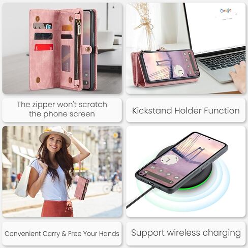 حافظة محفظة Kowauri لهاتف Google Pixel 9 Pro XL، محفظة جلدية قابلة للطي بسحاب مع حامل بطاقة وحزام معصم قابل للفصل حافظة خلفية واقية مضادة للصدمات لهاتف Google Pixel 9 Pro XL (وردي) in Saudi Arabia
