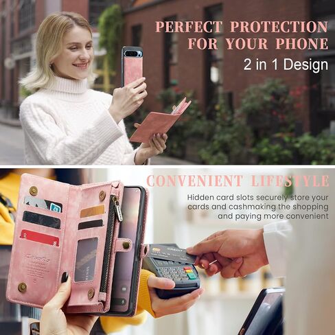 حافظة محفظة Kowauri لهاتف Google Pixel 9 Pro XL، محفظة جلدية قابلة للطي بسحاب مع حامل بطاقة وحزام معصم قابل للفصل حافظة خلفية واقية مضادة للصدمات لهاتف Google Pixel 9 Pro XL (وردي) in Saudi Arabia