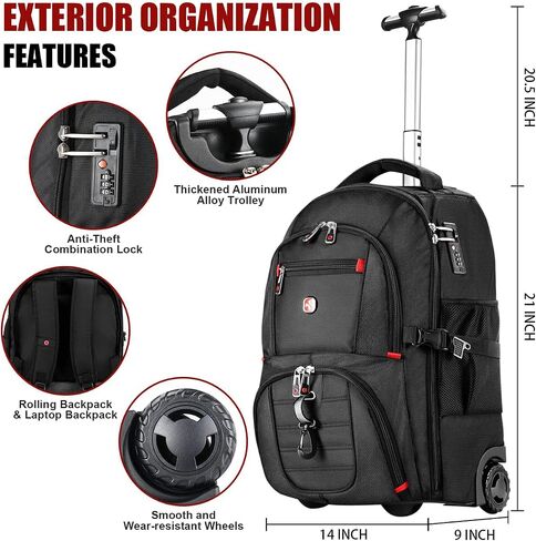 21x14x9 Rolling Backpack with Wheels - Water-Resistant, 17.3" Laptop Compartment, Ideal Carry-On for Overnight Travel, College, Work - Wheeled Business Backpack for Adults (Blue) in Saudi Arabia