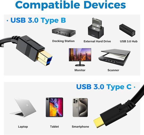 USB C to B 3.0 Cable 15 FT, USB-C-Male to USB B-Male 3.0 Cable, Gold-Plated Connectors, Black Cable, Compatible with Docking Station, External Hard Drivers, Scanner and More in Kuwait