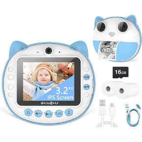 HelloBaby Instant Print Camera, Gifts for Kids Age 3-12, 3.2'' IPS Screen, 1080P HD Selfie Digital Video Camera, Toddler Portable Travel Camera Toy with 16GB SD Card-Blue