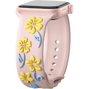 Floral Engraved Band Compatible with Apple Watch Bands 44mm 40mm 41mm 38mm 45mm 49mm 42mm 46mm Women, Soft Silicone iWatch Bands Cute Flower Sport Strap for iWatch Series 10 9 SE 8 7 6 5 4 3 2 Ultra