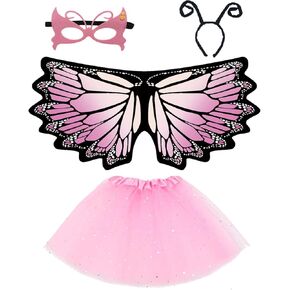 Girls Butterfly Wings Light Up Tutu Dress Up, Kids Cape Mask 4Pcs Set for 3 4 5 6 Years Old Birthday Gift Party Fairy Costume