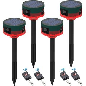 ChunHee Solar Motion Sensor Alarm Outdoor, Dog Barking & Gunshot Sounds & Recording, 360°Motion Detector Alarm,129dB Loud Siren,3 Work Modes Activated Strobe Light with Remote 4Pack