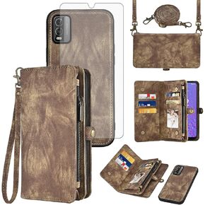 Asuwish Phone Case for Nokia C210 TA-1584 Zipper Wallet Magnetic Detachable Cell Cover with Tempered Glass Screen Protector Crossbody Lanyard Strap Flip Card Holder TPU Slot C 210 Women Men Girls Blue