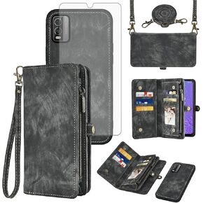 Asuwish Phone Case for Nokia C210 TA-1584 Zipper Wallet Magnetic Detachable Cell Cover with Tempered Glass Screen Protector Crossbody Lanyard Strap Flip Card Holder TPU Slot C 210 Women Men Girls Blue