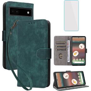 for Google Pixel 6A 5G Wallet Phone Case with Screen Protector [RFID Blocking] Leather Card Holder Kickstand Wrist Strap Women Men Cell Phone Case for Google Pixel6 A Pixel6A Pixel 6 A Green