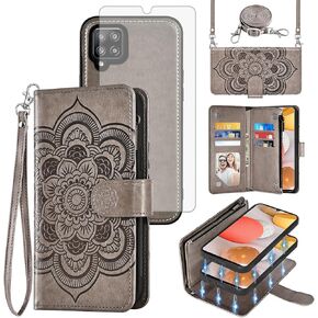 Asuwish Phone Case for Samsung Galaxy A42 5G Zipper Wallet Detachable Cell Cover with Tempered Glass Screen Protector Crossbody Strap Flower Card Holder Slot A 42 G5 42A S42 4G 2021 Women Girls Gray