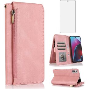 Compatible with Motorola Moto G Stylus 2022 (4G Version) Wallet Case Tempered Glass Screen Protector and Zipper Retro Leather Flip Cover Card Holder Stand Cell Accessories for XT2211DL Women Men Red