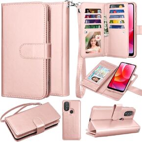 Takfox Moto G Power 2022 Case, for Motorola G Pure Wallet Case, PU Leather w Credit Card Holder Flip Cover [9 Card Slots] [Magnetic Closure] [Kickstand] Folio Detachable Hard Case & Strap-Marble Pink
