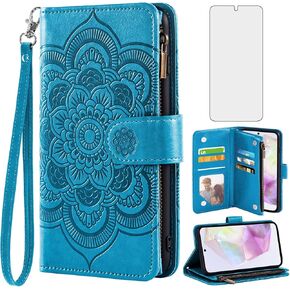 Asuwish Phone Case for Samsung Galaxy A35 5G Wallet Cover with Tempered Glass Screen Protector and Leather Flip Credit Card Holder Stand Flower Folio Cell Accessories A 35 35A A355G Women Men Purple