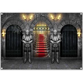 7x5ft Fabric Medieval Knight Photography Backdrop Castle Entrance Arches Torches Dungeon Background Halloween Night Party Decorations Photo Banner