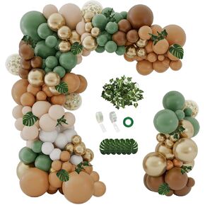 iLaFm 142pcs Safari Jungle Wild One Balloon Garland Arch Kit Sage Green and Brown Balloons with Animal Print Balloons Palm Leaves for Woodland Tropical Birthday Party Supplies Baby Shower Decorations