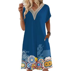 Bloggerlove Womens Cotton Nightgown House Dress with Pockets Moo Moo Nightgown Lace V Neck Mumu Short Sleeve Lounge Dress