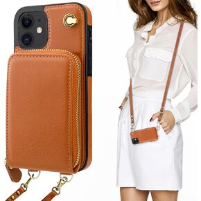 KIHUWEY Crossbody Wallet Case for iPhone 12/12 Pro, Zipper Pocket Case with Card Holder, PU Leather Protective Cover Case with Kickstand Detachable Wrist Strap Lanyard 6.1"(Black)