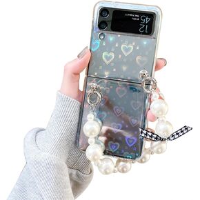 Omio for Samsung Galaxy Z Flip 4 Cute Case, Luxury Clear Laser Glitter Bling Heart with Pearl Chain Bracelet Wrist Strap for Women Girls Slim Shockproof Hard PC Cover for Samsung Galaxy Z Flip 4 5G