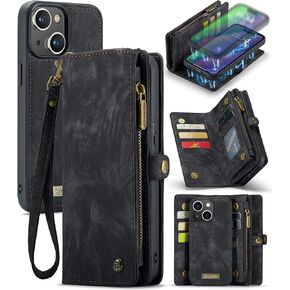 Kowauri Wallet Case for iPhone 15 Plus, Zipper Purse Folio Leather Wallet with Card Holder Wrist Strap Detachable Magnetic Shockproof Protective Back Case for iPhone 15 Plus (6.7 inch), Blue