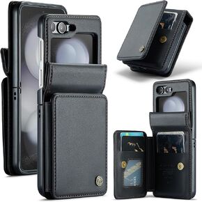 حافظة محفظة لهاتف Samsung Galaxy Z Flip 6 مع خاصية حجب RFID و4 حامل لبطاقات الائتمان، غطاء واقٍ شديد التحمل مضاد للصدمات من الجلد المتين الممتاز.