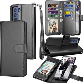 Tekcoo Wallet Case for Galaxy S21 FE 5G / S21 Fan Edition 5G, Luxury Cash Credit Card Slots Holder Carrying Folio Flip PU Leather Cover [Detachable Magnetic Hard Case] for Samsung S21 FE - Black