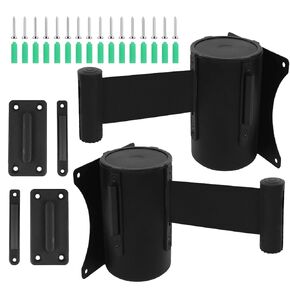 Crowd Control Wall Mount Retractable Belt Barrier 2 Pack,TrreZon Fixed Stanchion Tapes with Steel Case 16' Black Belt for High-Traffic Area,Hallway,Work Area in Grocery,Church,Office,Stadium,School