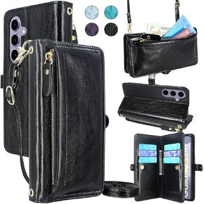 Lacass Crossbody Wallet Case for Galaxy S24+ Plus,[Cards Theft Scan Protection] Card Holder Zipper Flip Leather Cover Wrist Strap Stand for Samsung Galaxy S24+ Plus(Floral Blue Green)