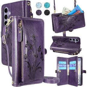 حافظة Lacass Crossbody لهاتف Galaxy S24+ Plus، [حماية من سرقة البطاقات] حامل بطاقات بسحاب وغطاء جلدي قابل للطي وحزام معصم لهاتف Samsung Galaxy S24+ Plus (الزهور الأزرق والأخضر)