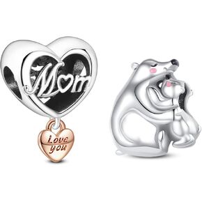 Doyafer Rose Gold Mom Charms Pendant for Women Bracelets Necklace Lovely Bear Beads Gift for Mom （ pack of 2）