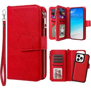 Case for iPhone 15 Pro max, 2 in 1 Magnetic Detachable Shockproof Case, Flip Folio PU Leather Cover with Card Slot for iPhone 15 Pro max, Red