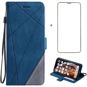 Compatible with iPhone XR Wallet Case and Tempered Glass Screen Protector Leather Flip Cover Credit Card Holder Cell Phone Cases for iPhoneXR iPhone10R i Phonex 10XR 10R 10 R RX CR Blue Men Women Girl