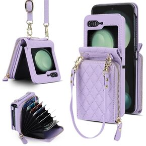 XIZYO for Samusng Galaxy Z Flip 5 Case, Wallet Crossbody Cute Case with Card Holder Slot, Zipper Handbag Strap Lanyard Wrist Leather Case for Women Girl Shockproof Bumper Cover, Rose Gold