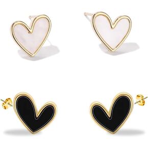 Jewelry by Hao 14K Gold Plated 925 Sterling Silver Framed Heart Stud Earrings | for Women and Girls | Black or White