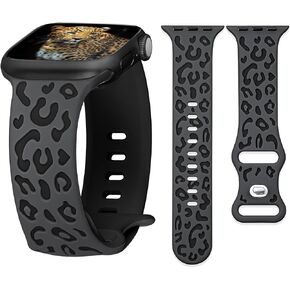 Leopard Engraved Bands for Apple Watch Bands 46mm 45mm 44mm 49mm 42mm(S3) for Women iWatch Bands, Cute Dressy Silicone Strap for Apple Watch Series 10 9 8 SE 7 6 5 4 3 Ultra 2 1 Band-Black