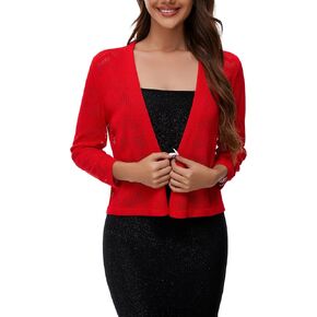 Satuun Women's 3/4 Sleeve Shrugs Crochet Lightweight Open Front Cropped Cardigan for Women