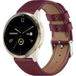 18mm Quick Released Watch Band Compatible with Garmin Vivoactive 4S / Vivomove 3S, Venu 3S / Venu 2S, Premium Grain Leather Replacement Watch Strap for Garmin Forerunner 255S/255S Music/265S
