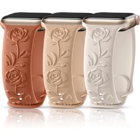 Odbeai Floral Engraved Band Compatible with Apple Watch Bands 38mm 40mm 41mm 42mm 44mm 45mm 49mm Women,3 Pack Cute Embossed Flower Silicone Straps for Watch Bands Series 9 Ultra SE 8 7 6 5 4 3 2 1
