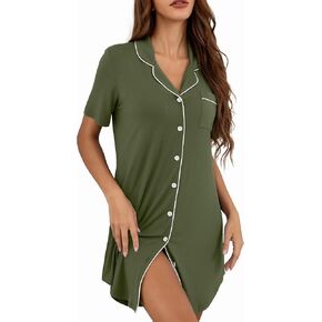 KCW Nightgown for Women Button Down Nightshirt Short Sleeve Sleepshirt Modal V Neck Sleepwear Pajama Dress