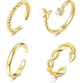 Ritach 925 Sterling Silver Minimalist Toe Rings Set 14K Gold Plated Simple Open Adjustable Band Toe Rings for Women Beach Foot Jewelry for Summer
