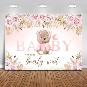 Mocsicka Boho Bear Baby Shower Backdrop 7x5ft We Can Bearly Wait Pink Floral Baby Shower Party Decorations for Girl Pampas Grass Photography Background