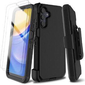 for Samsung Galaxy A15 5G Case with 2 Pack Screen Protector, Belt Clip Holster Kickstand Rugged Full-Body Heavy Duty Protection Military Grade Shockproof Cell Phone Cover (Black)