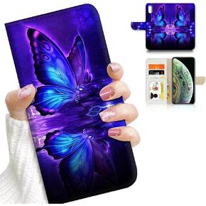 for iPhone Xs, iPhone X, Art Designed Flip Wallet Style Cover Case Fancy Flower Full Body Protection AD003 (#24887 Dragonfly)