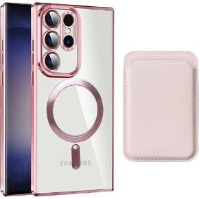 Omio Magnetic Clear Case for Galaxy S23 Ultra Compatible with MagSafe Charging with Detachable Magnetic Wallet Card Holder Slim Soft TPU Full Camera Lens Protective Wallet Case for Women Men, Purple