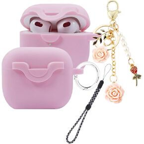 Secure Lock Case for Airpods 3 Case with Cute Flowers Keychain Lanyard,Silicone Protective Case Cover for Airpods 3rd Generation Case Women Girls for Apple iPod 3rd Charging Case 2021 (Blue)