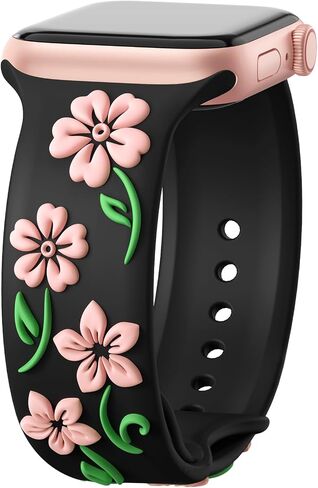 Floral Engraved Band Compatible with Apple Watch Bands 44mm 40mm 41mm 38mm 45mm 49mm 42mm 46mm Women, Soft Silicone iWatch Bands Cute Flower Sport Strap for iWatch Series 10 9 SE 8 7 6 5 4 3 2 Ultra in Saudi Arabia