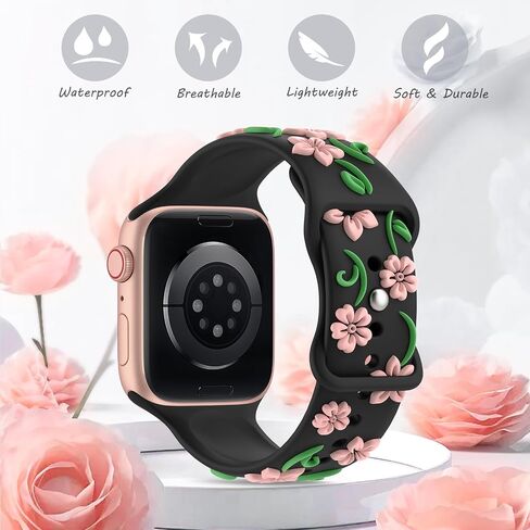 Floral Engraved Band Compatible with Apple Watch Bands 44mm 40mm 41mm 38mm 45mm 49mm 42mm 46mm Women, Soft Silicone iWatch Bands Cute Flower Sport Strap for iWatch Series 10 9 SE 8 7 6 5 4 3 2 Ultra in Saudi Arabia